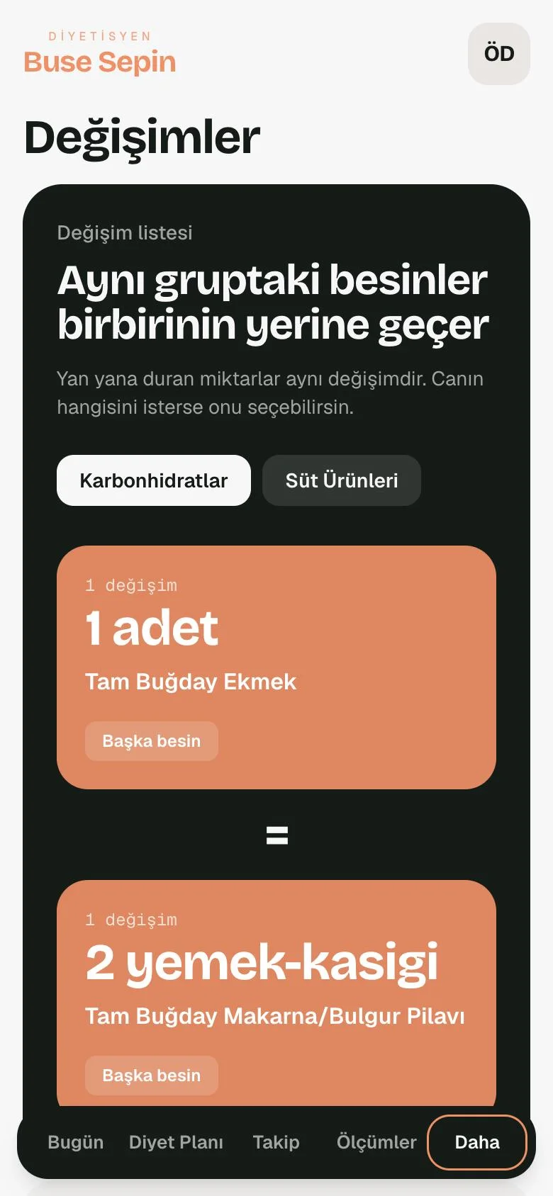 Değişimler ekranı: aynı gruptaki besinlerin karşılıkları
