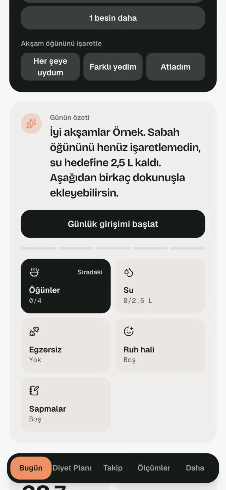 Günün özeti kartı: öğün, su, egzersiz ve ruh hâli girişleri