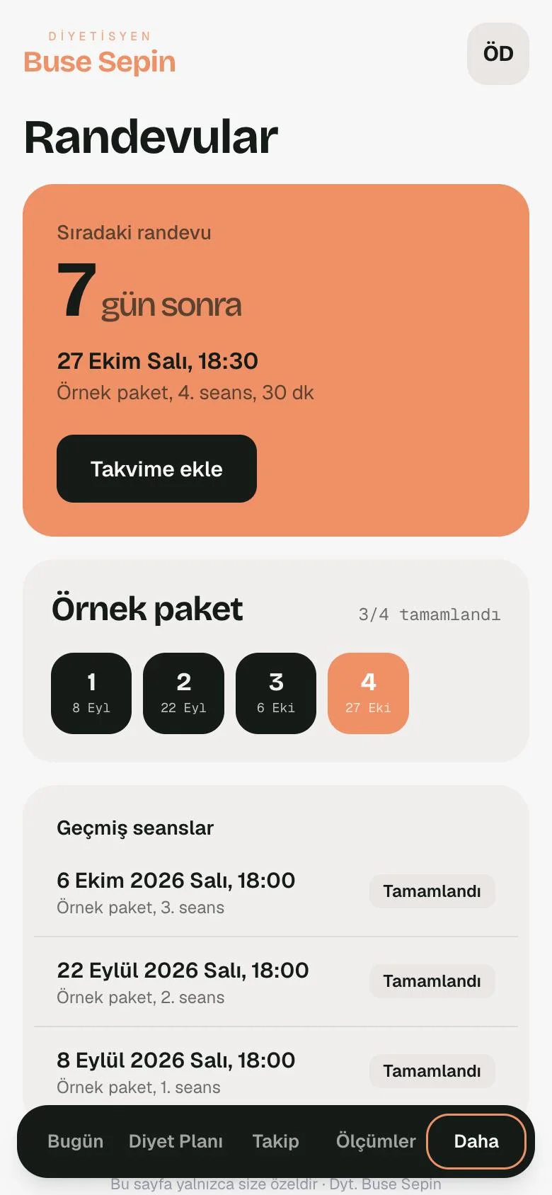 Randevular ekranı: sıradaki randevu ve geçmiş seanslar