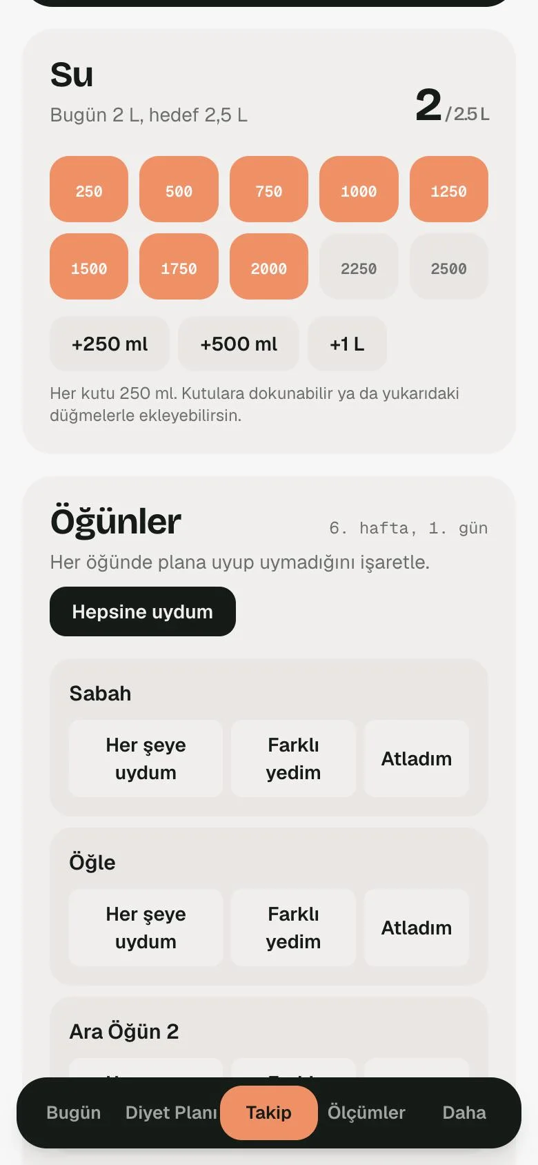 Takip ekranı: su tüketimi ve öğün işaretleme