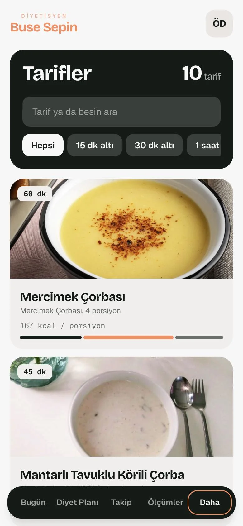 Tarifler ekranı: süre filtreleri ve tarif kartları